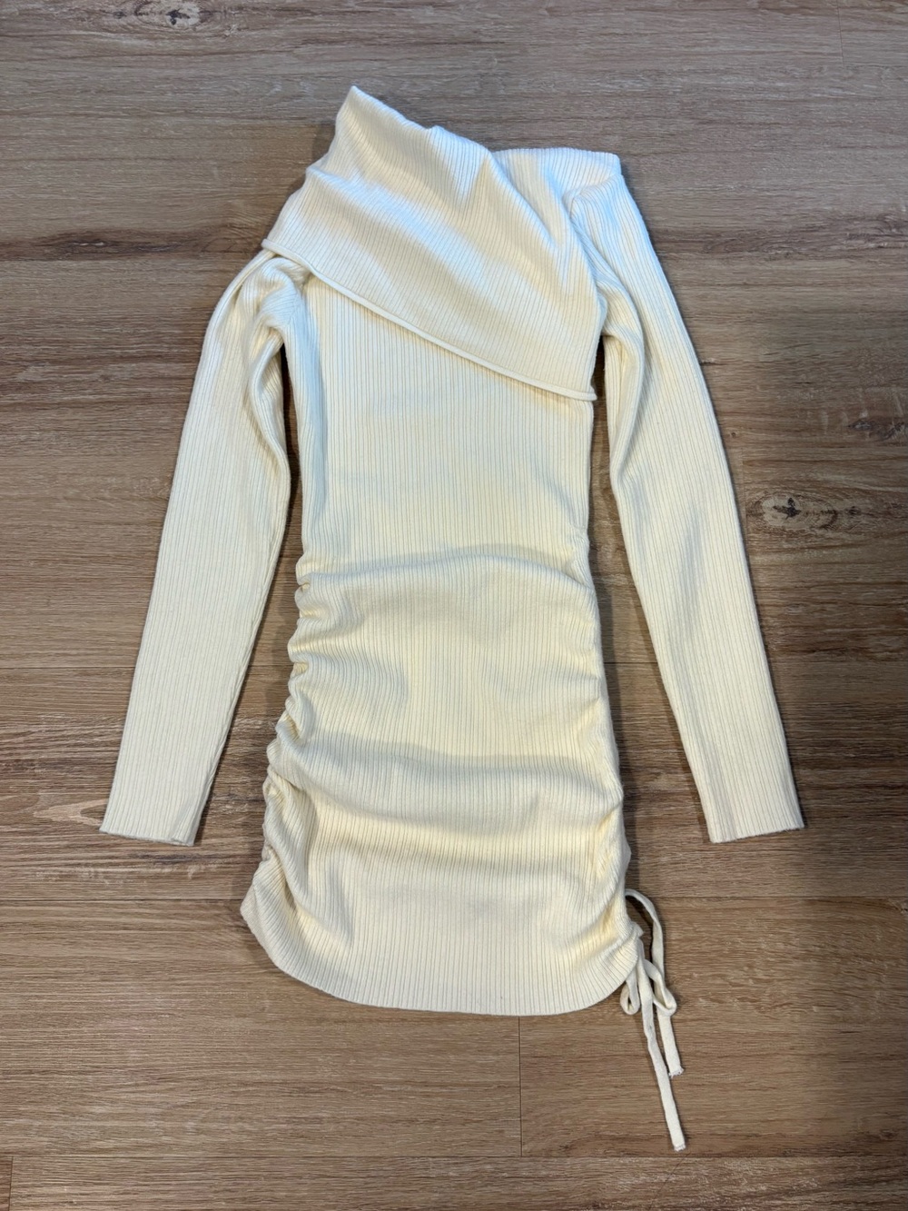 Ribbed Off-Shoulder Long Sleeve Dress in Cream